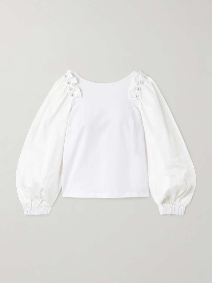Mother of Pearl Organic Cotton-blend Jersey And Faux Pearl-embellished Poplin Blouse - UK 16