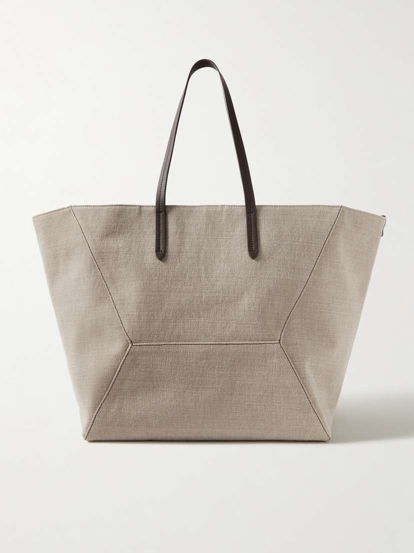 Brunello Cucinelli Leather-trimmed Bead-embellished Cotton And Linen-blend Canvas Tote