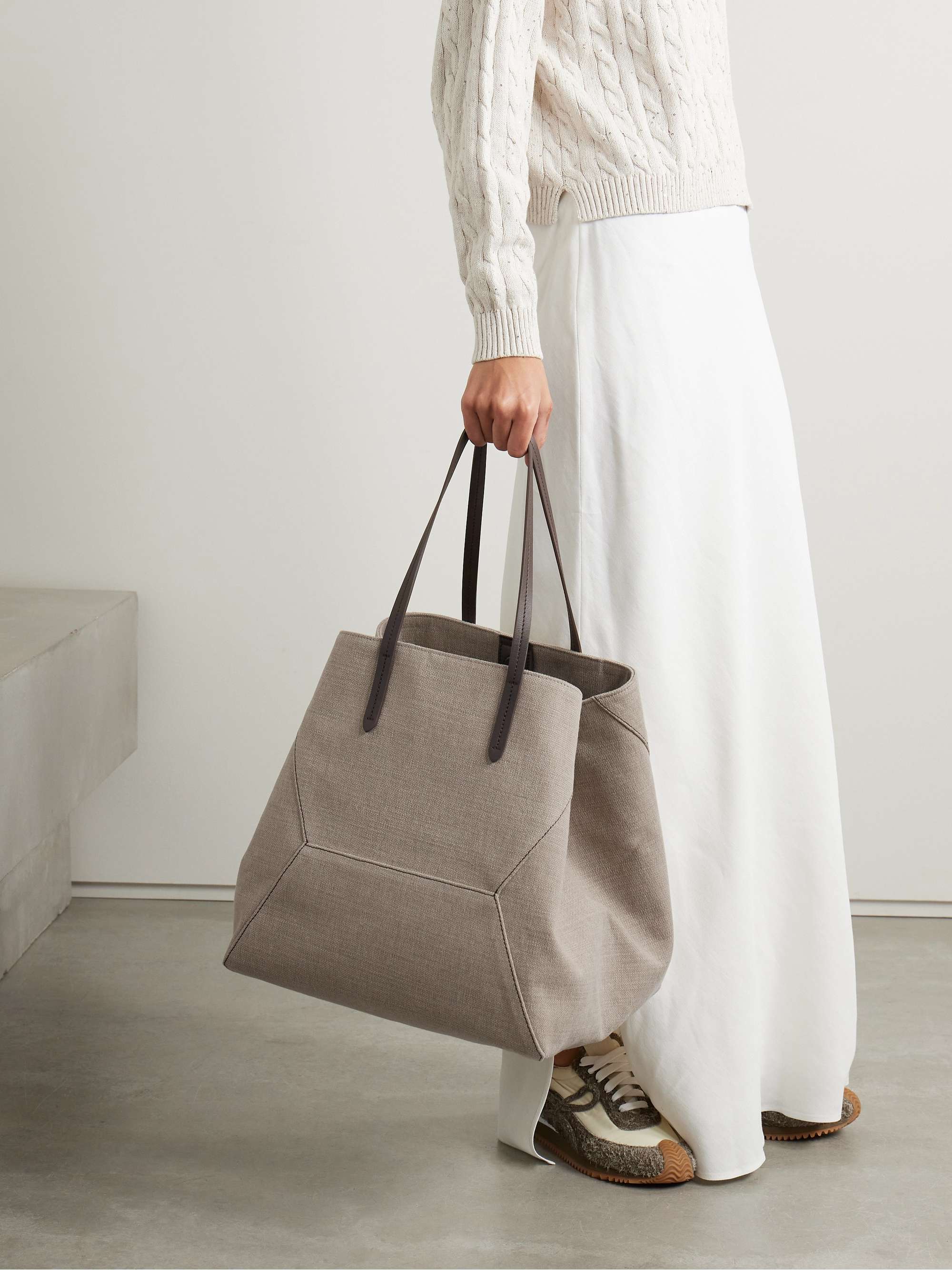 BRUNELLO CUCINELLI Leather-trimmed bead-embellished cotton and linen-blend canvas  tote | NET-A-PORTER