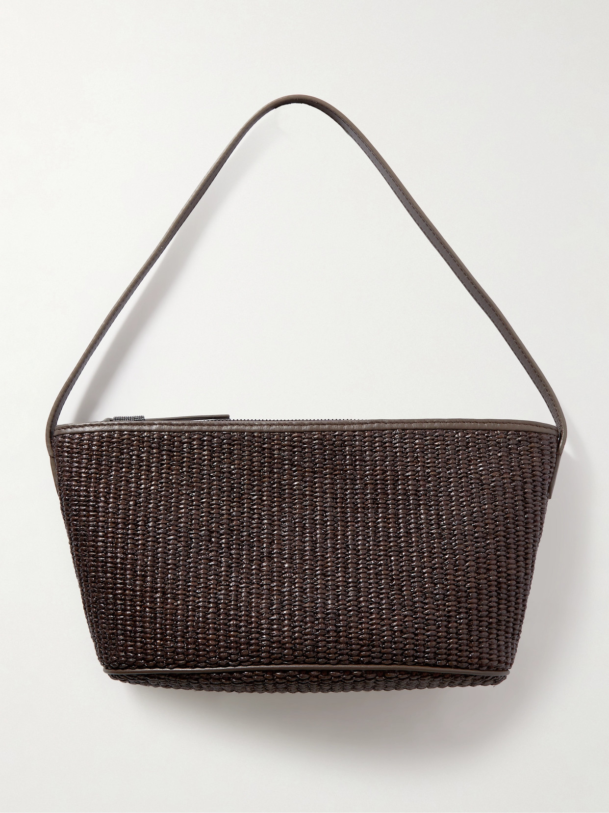 BRUNELLO CUCINELLI LEATHER-TRIMMED RAFFIA SHOULDER BAG