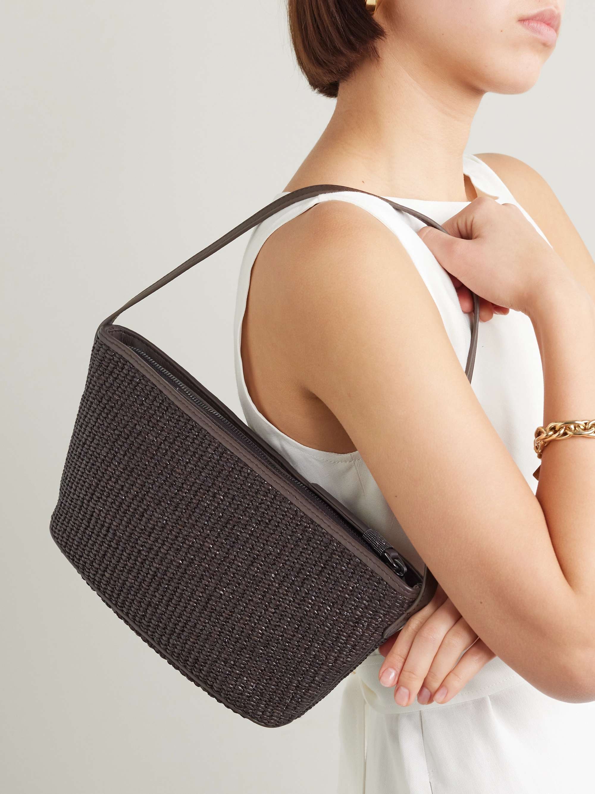 BRUNELLO CUCINELLI Leather-trimmed raffia shoulder bag | NET