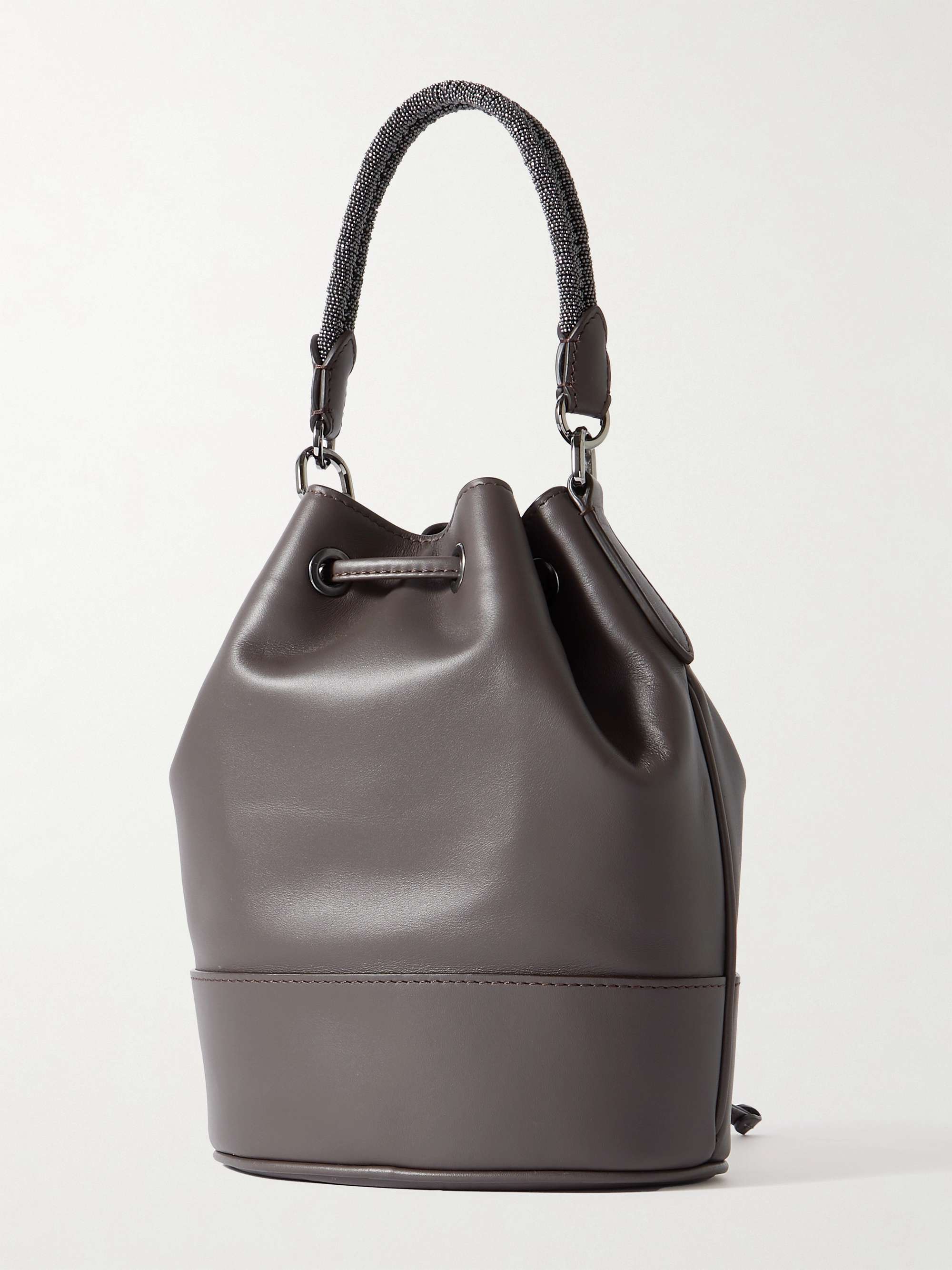 Dark brown Bead-embellished leather bucket bag | BRUNELLO