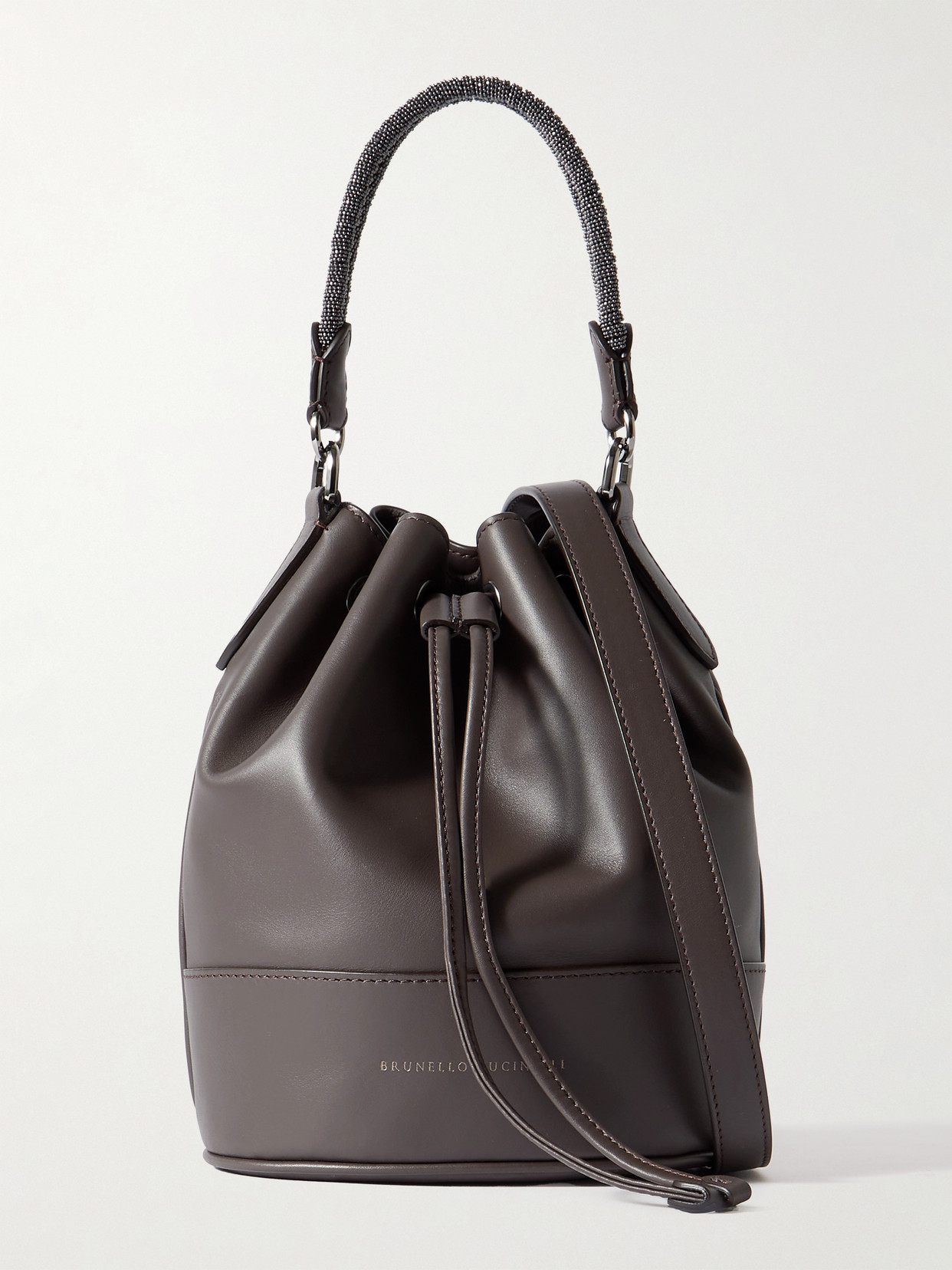 Brunello Cucinelli Bead-embellished Leather Bucket Bag In Brown