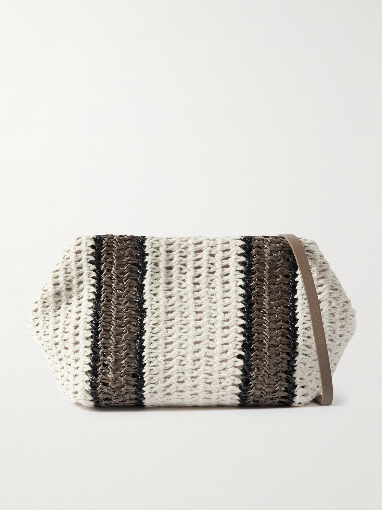 BRUNELLO CUCINELLI LEATHER-TRIMMED STRIPED RAFFIA SHOULDER BAG