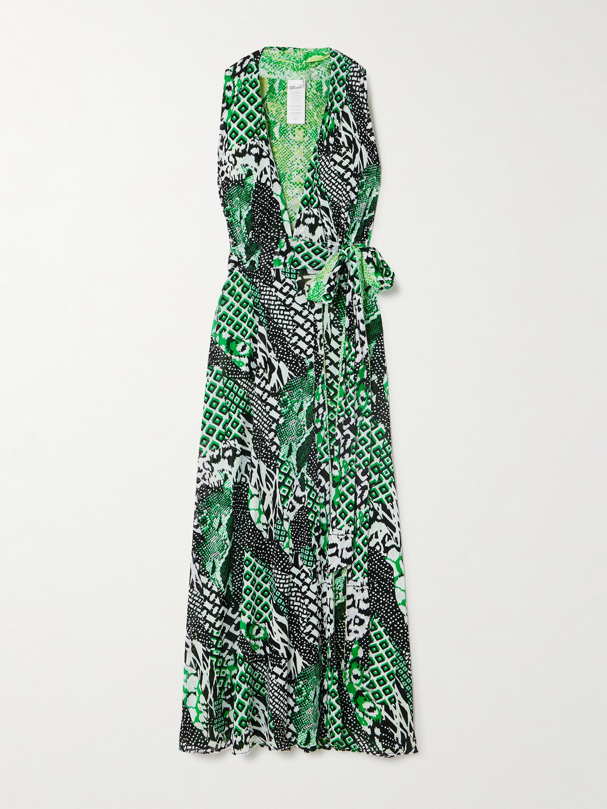 Diane Von Furstenberg Pia Reversible Belted Printed Mesh Midi Wrap Dress In Green