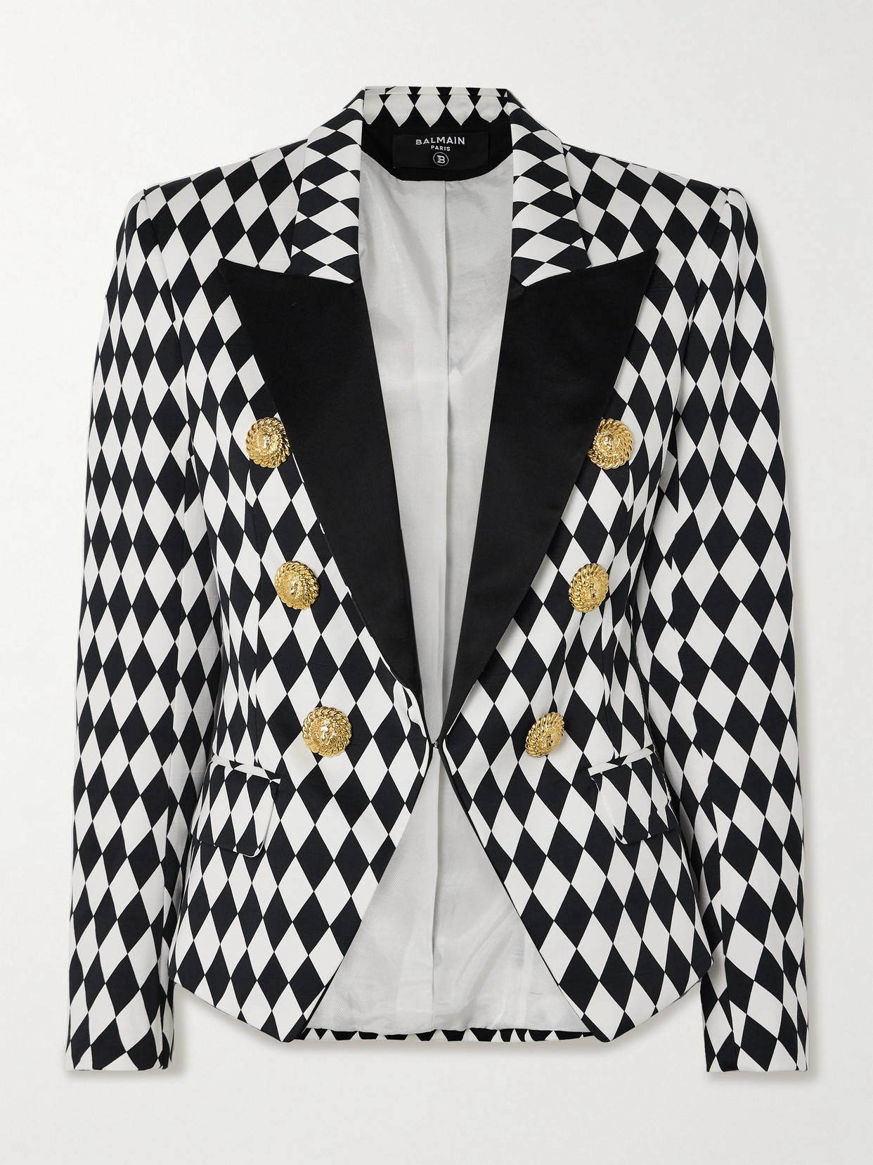 Balmain Embellished Two-tone Argyle Cotton-twill Blazer In White