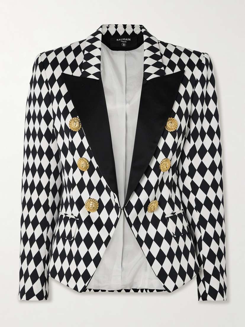 Balmain Embellished Two-tone Argyle Cotton-twill Blazer