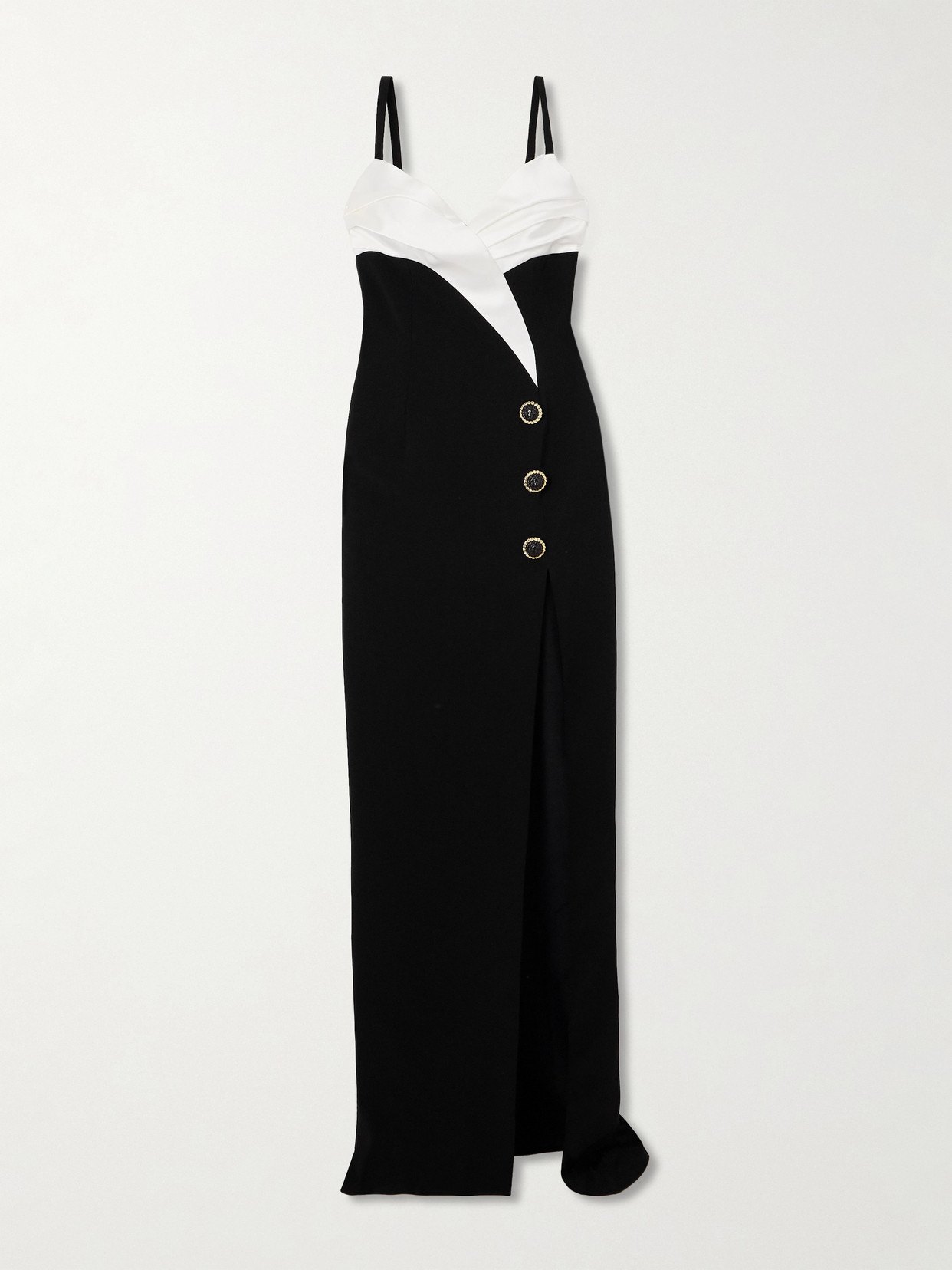 Balmain Two-tone Crepe Draped Long V-neck Split Dress In Black