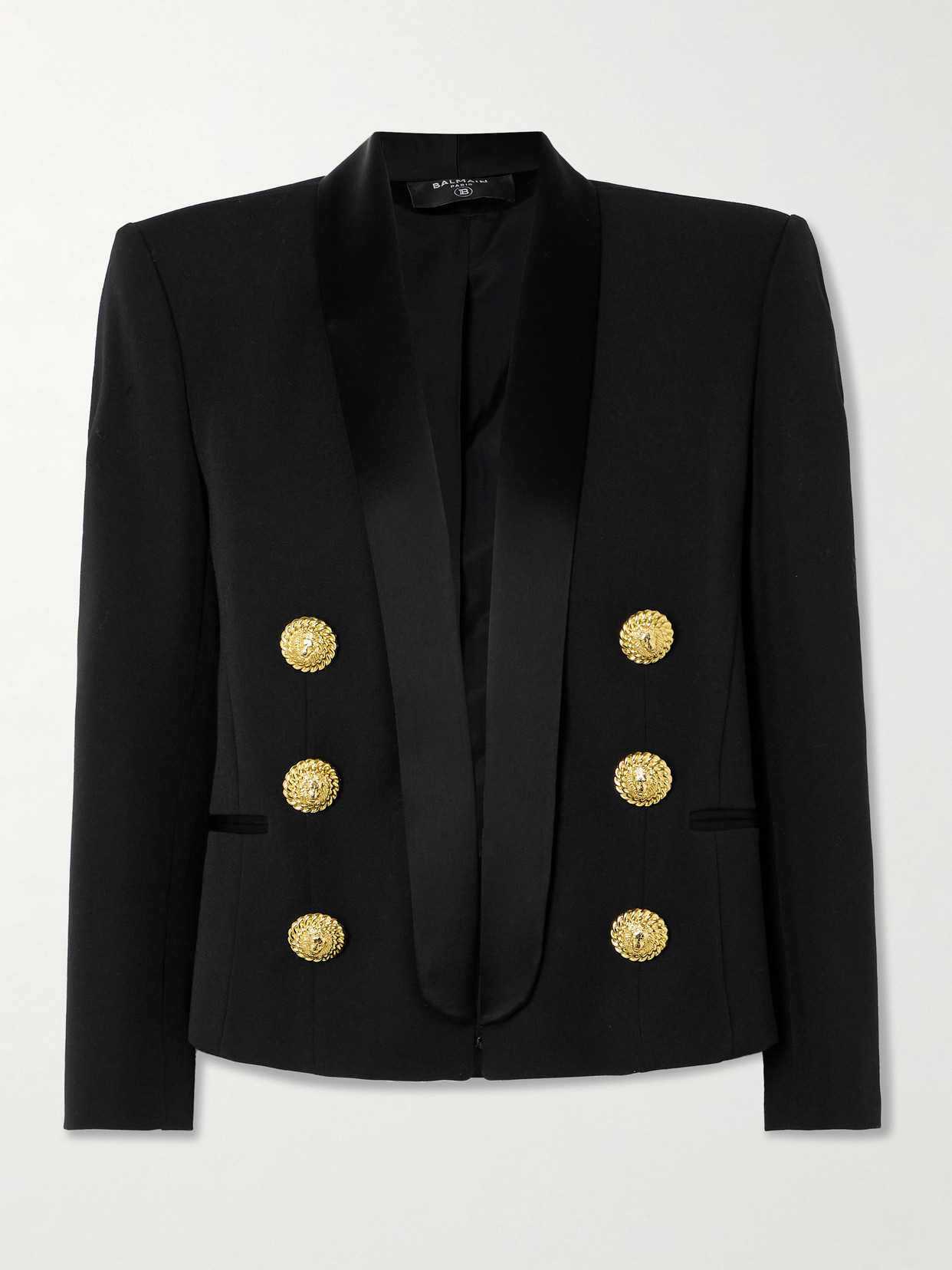 BALMAIN EMBELLISHED SATIN-TRIMMED GRAIN DE POUDRE WOOL JACKET