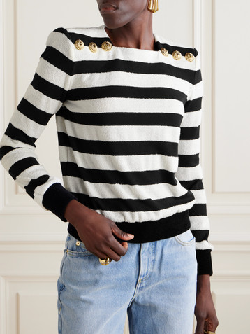 Balmain Button-embellished striped bouclé top