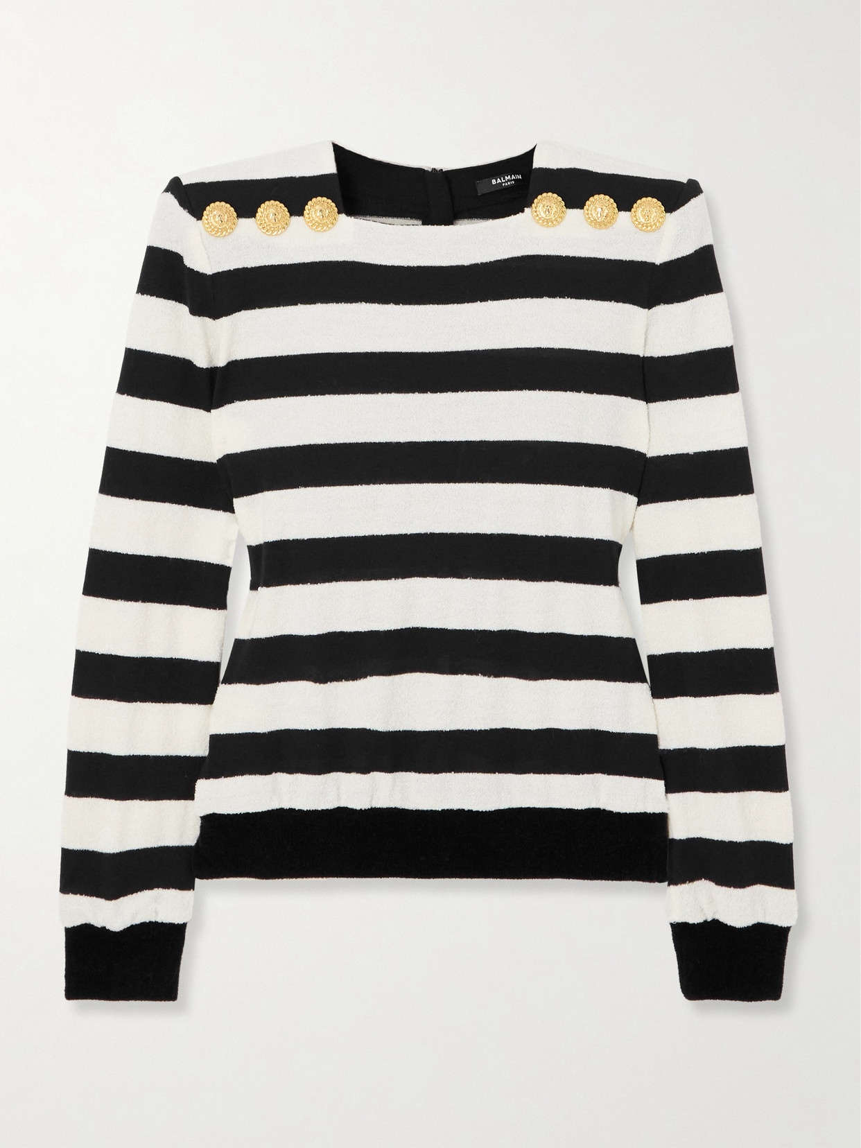 Balmain Button-embellished Striped Bouclé Top In Black