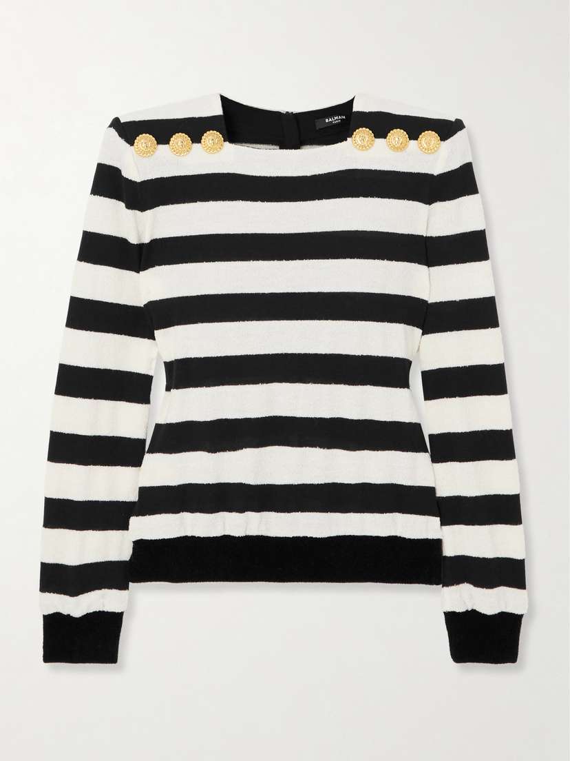 Balmain Button-embellished Striped Bouclé Top