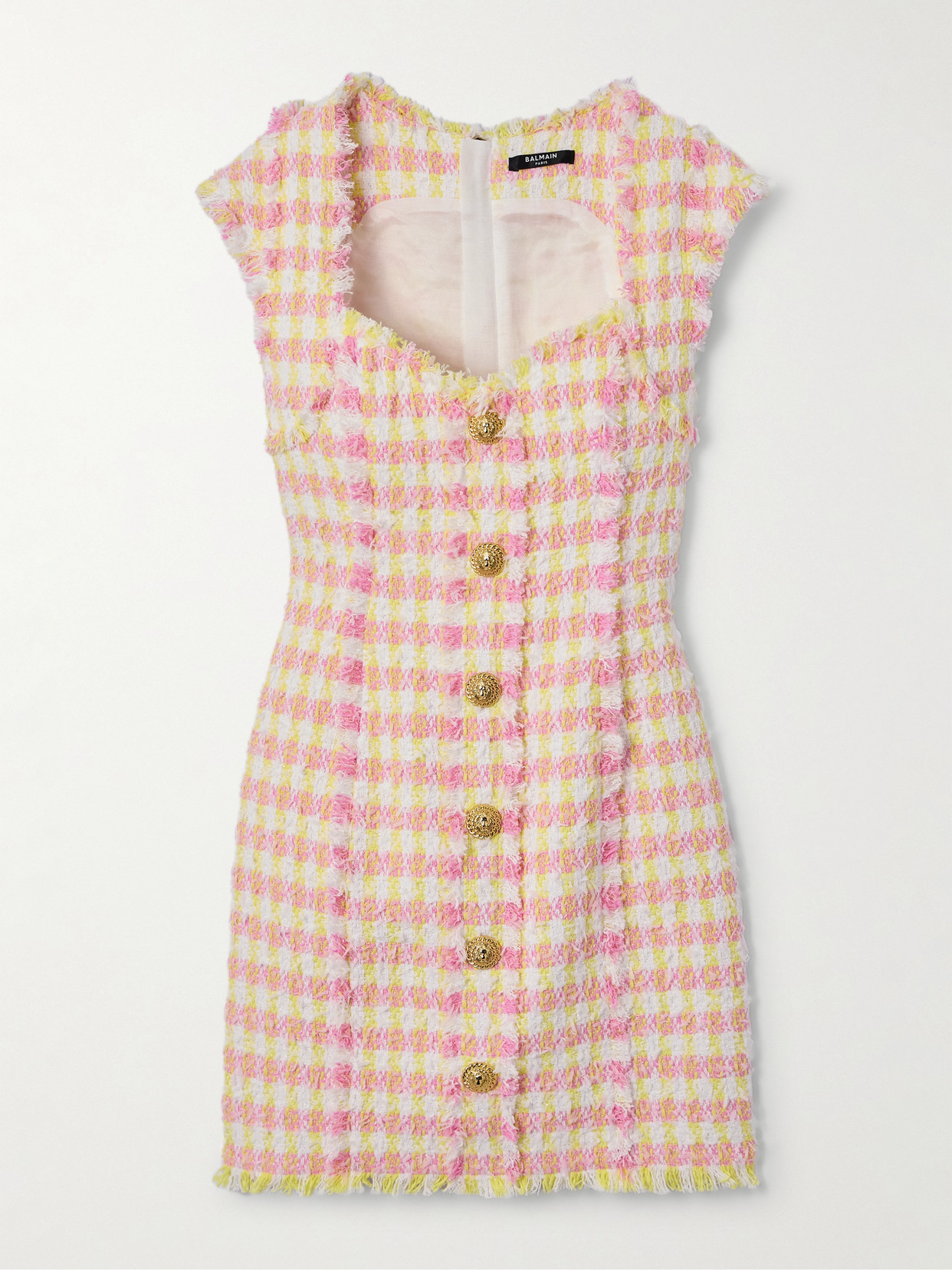 BALMAIN BUTTON-EMBELLISHED FRAYED CHECKED COTTON-BLEND TWEED MINI DRESS