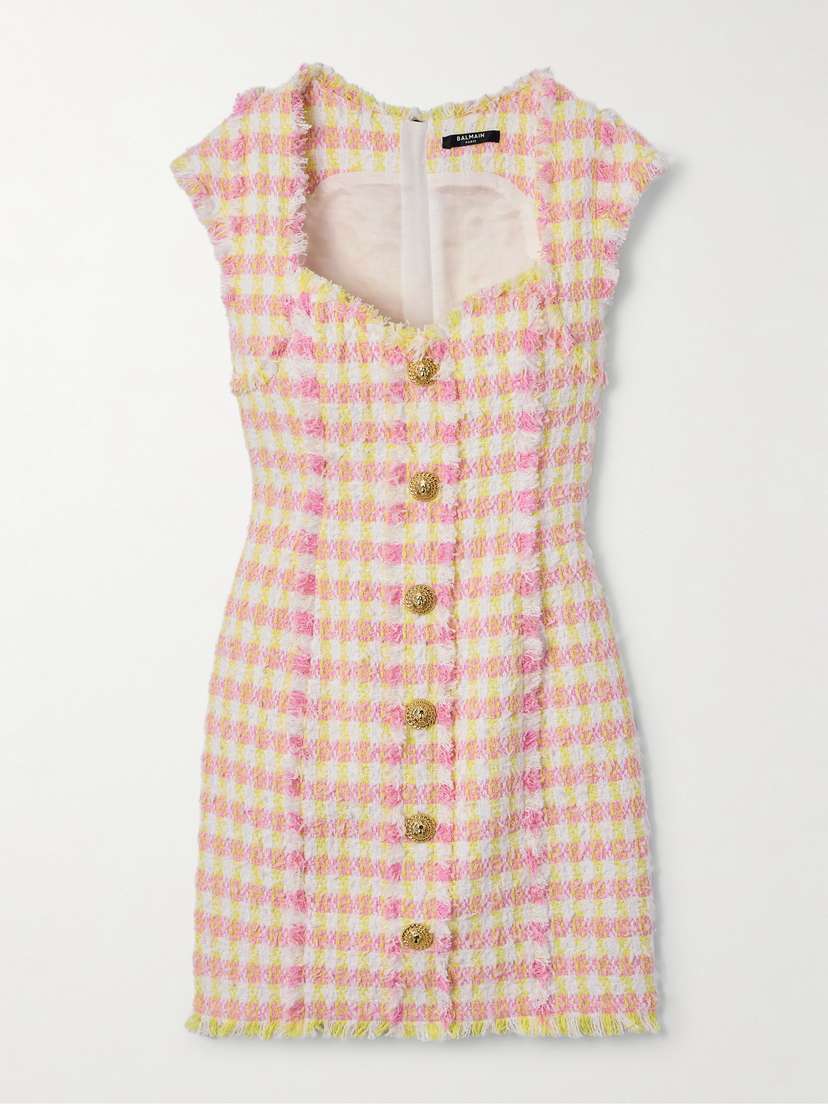 Balmain Button-embellished Frayed Checked Cotton-blend Tweed Mini Dress