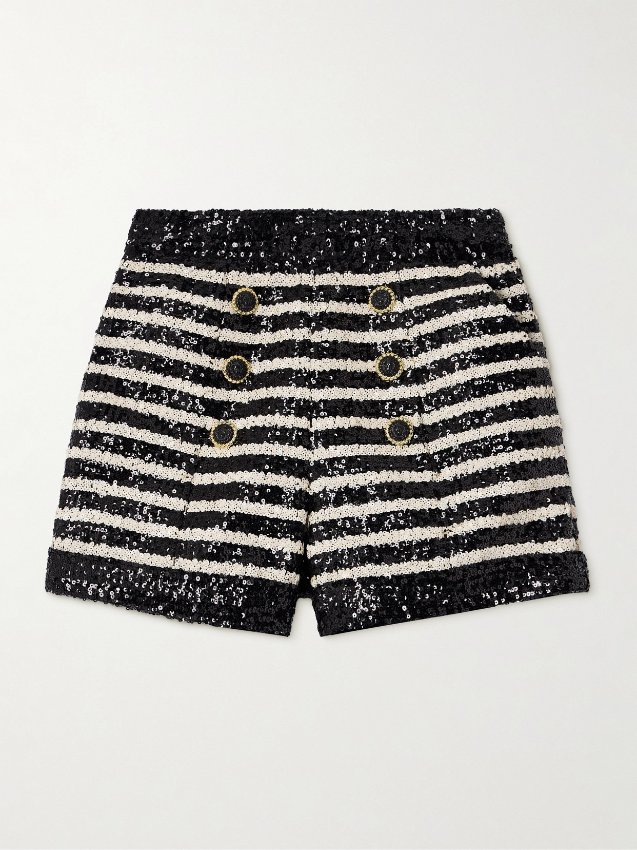 Shop Balmain Button-embellished Sequin-embellished Striped Knitted Cady Shorts In Black
