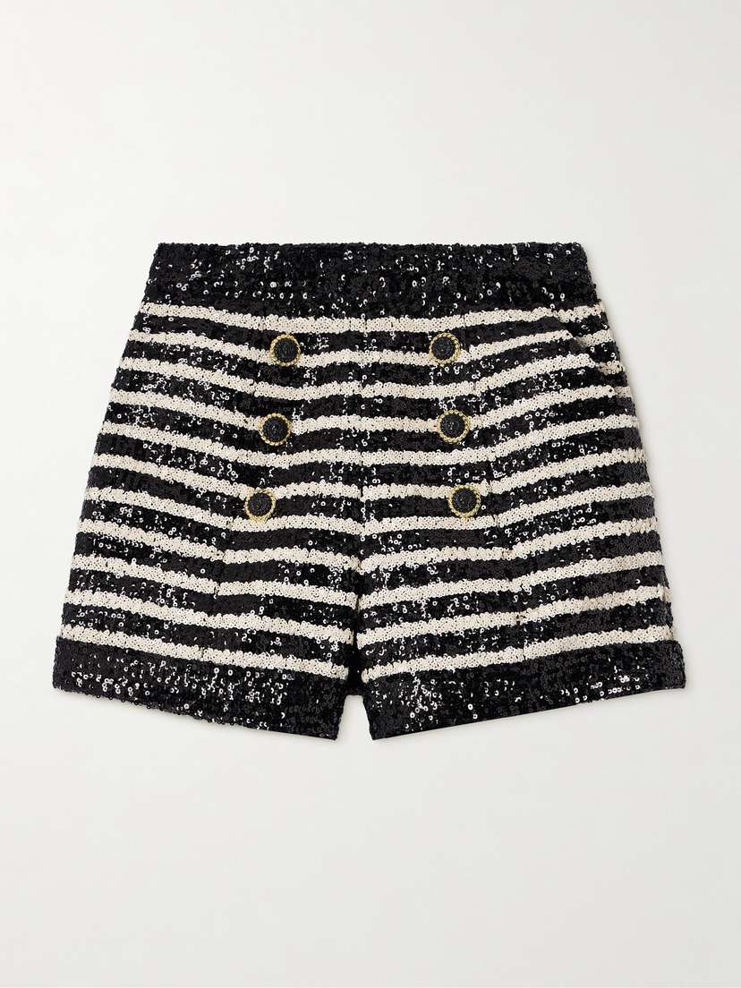 Balmain Button-embellished Sequin-embellished Striped Knitted Cady Shorts