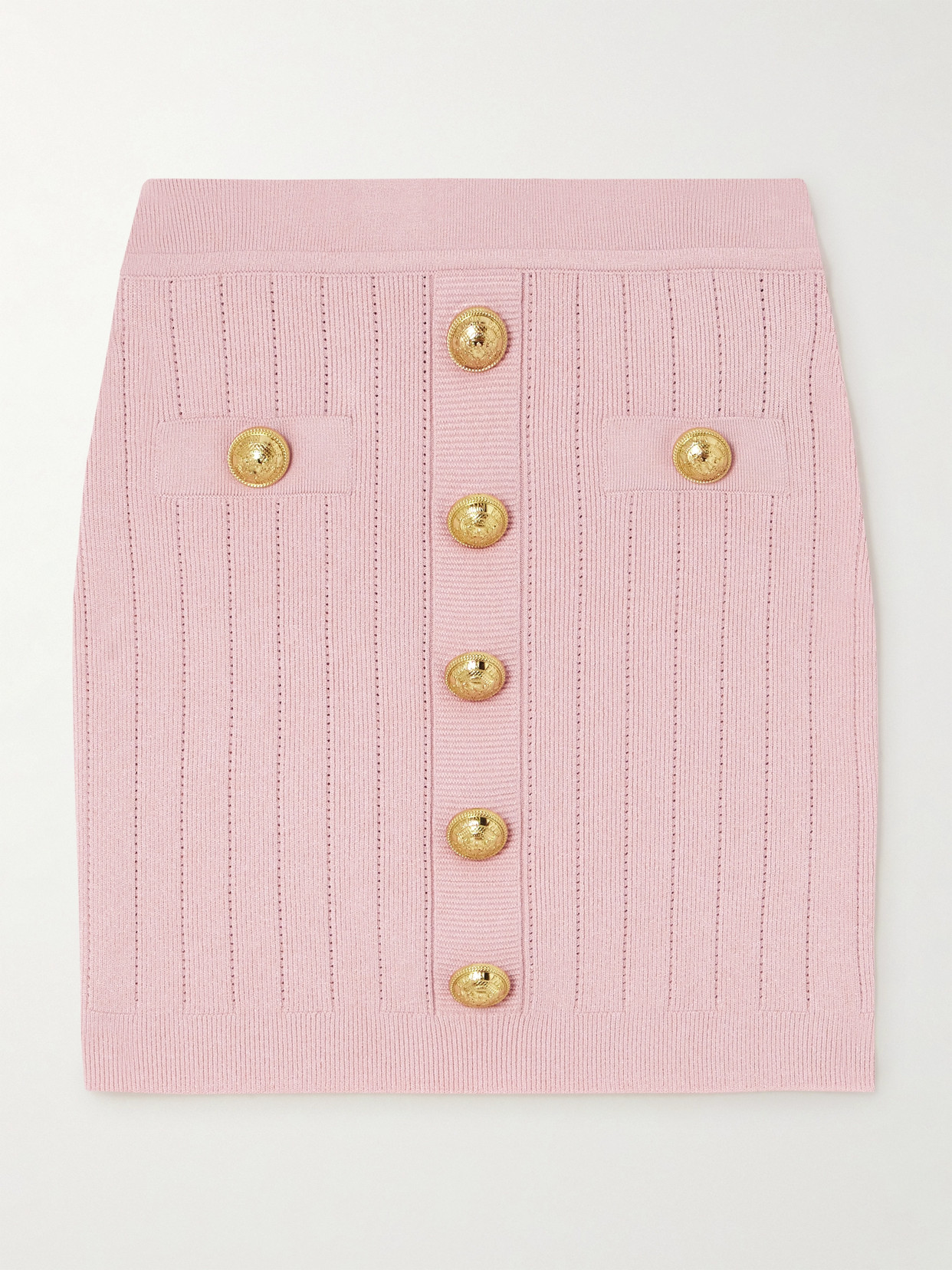 Balmain - Button-embellished Ribbed-knit Mini Skirt - Pink