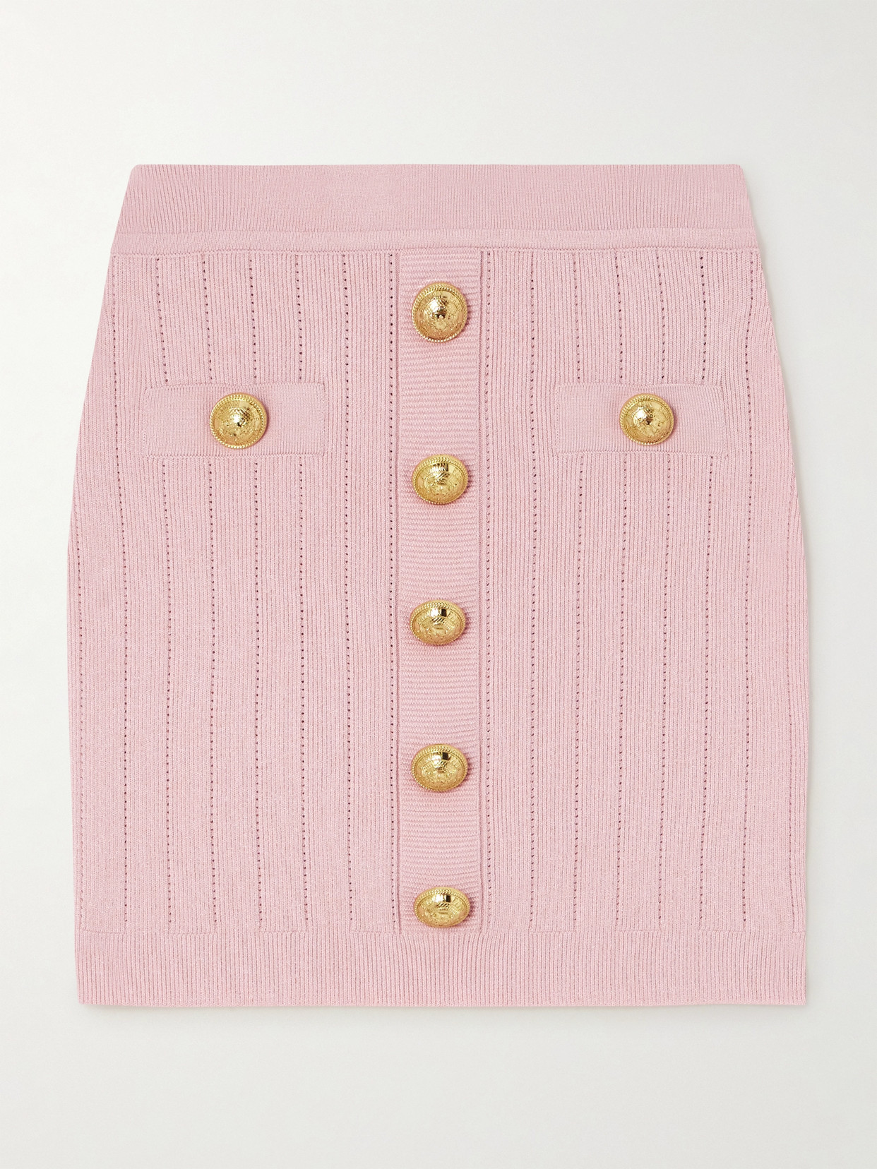 Shop Balmain Button-embellished Ribbed-knit Mini Skirt In Pink