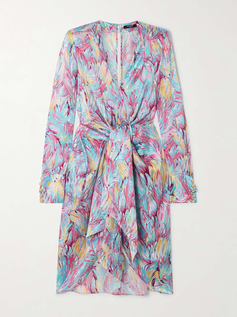 Balmain Embellished Draped Printed Silk-satin Mini Dress