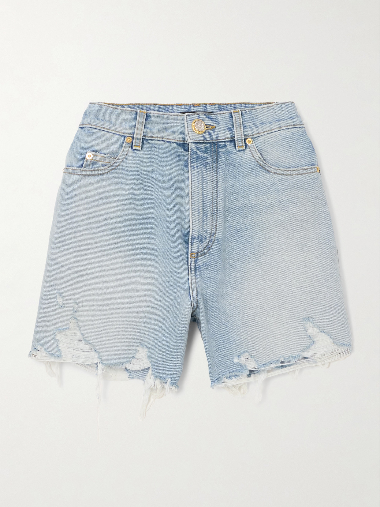 Balmain Distressed Denim Shorts In Blue