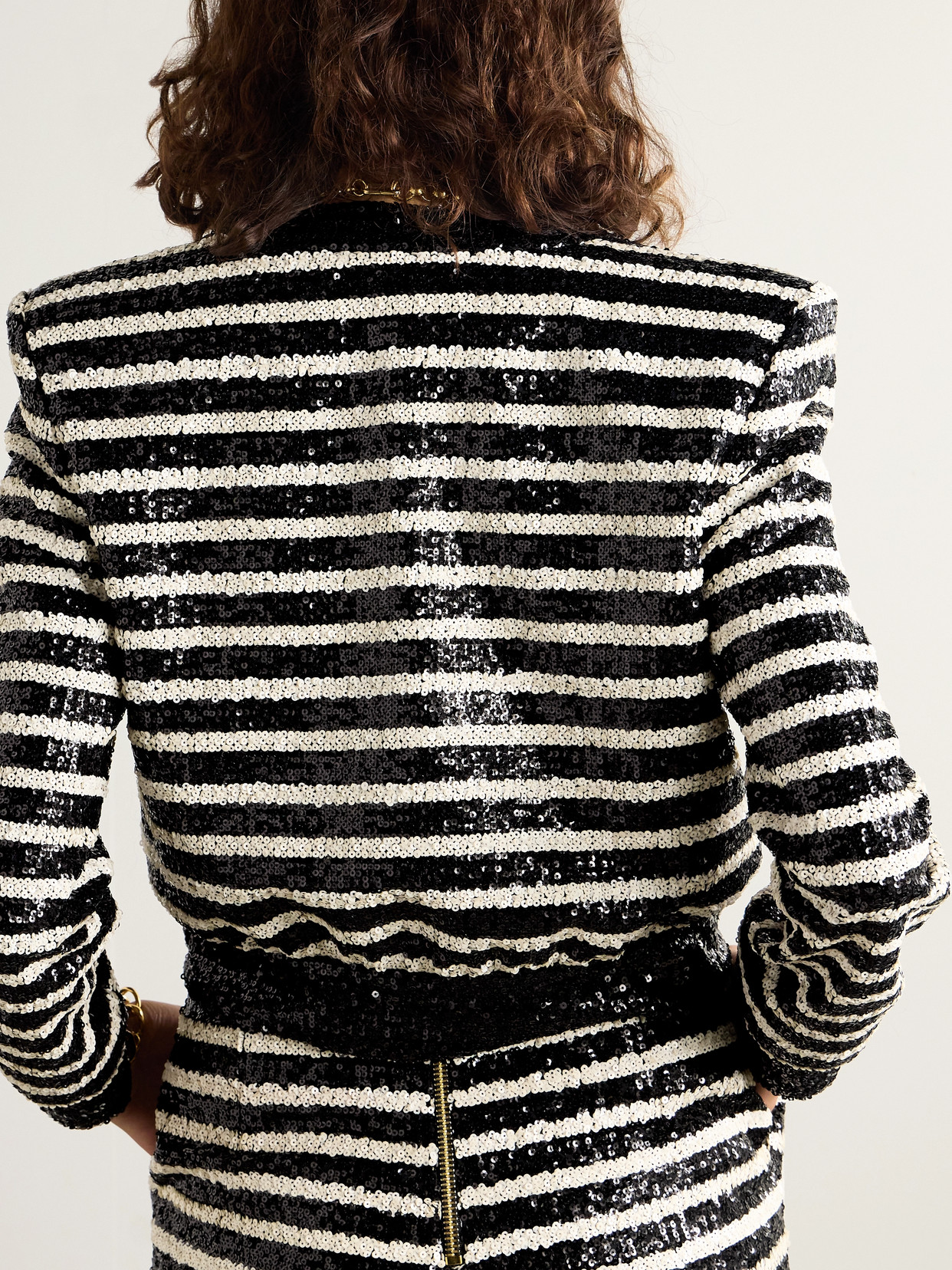 Shop Balmain Striped Sequin-embellished Cady Jacket In Black