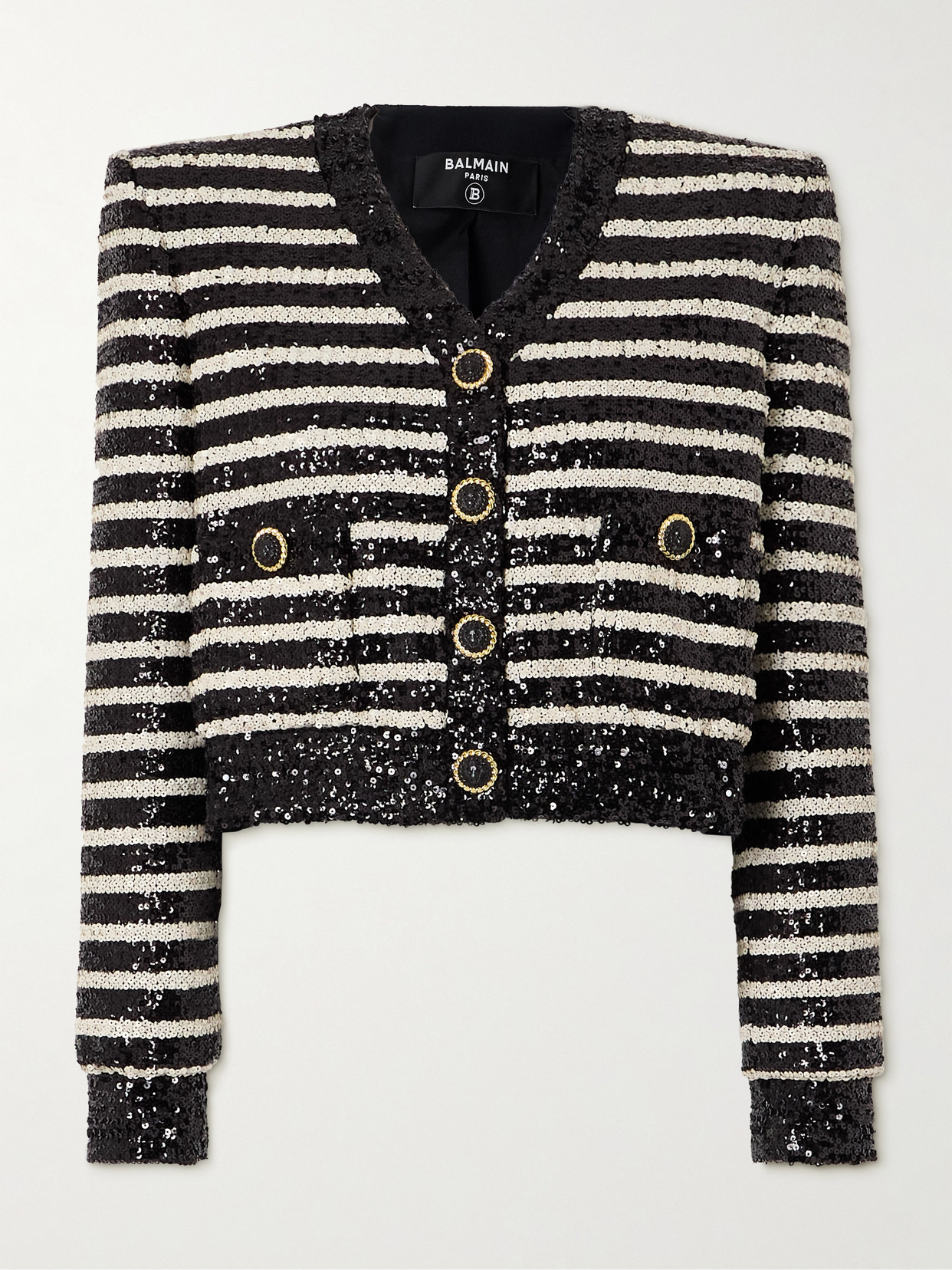 Shop Balmain Striped Sequin-embellished Cady Jacket In Black