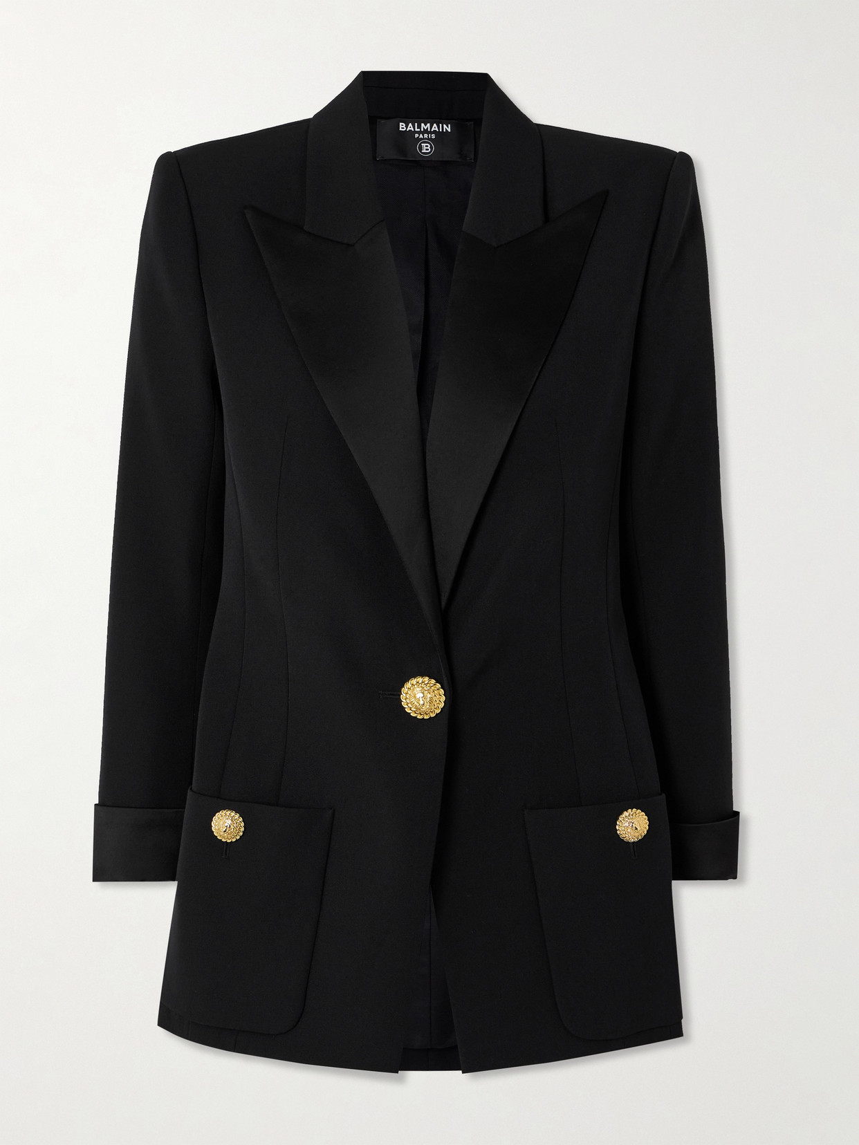 Balmain Embellished Satin-trimmed Grain De Poudre Wool Blazer In Black