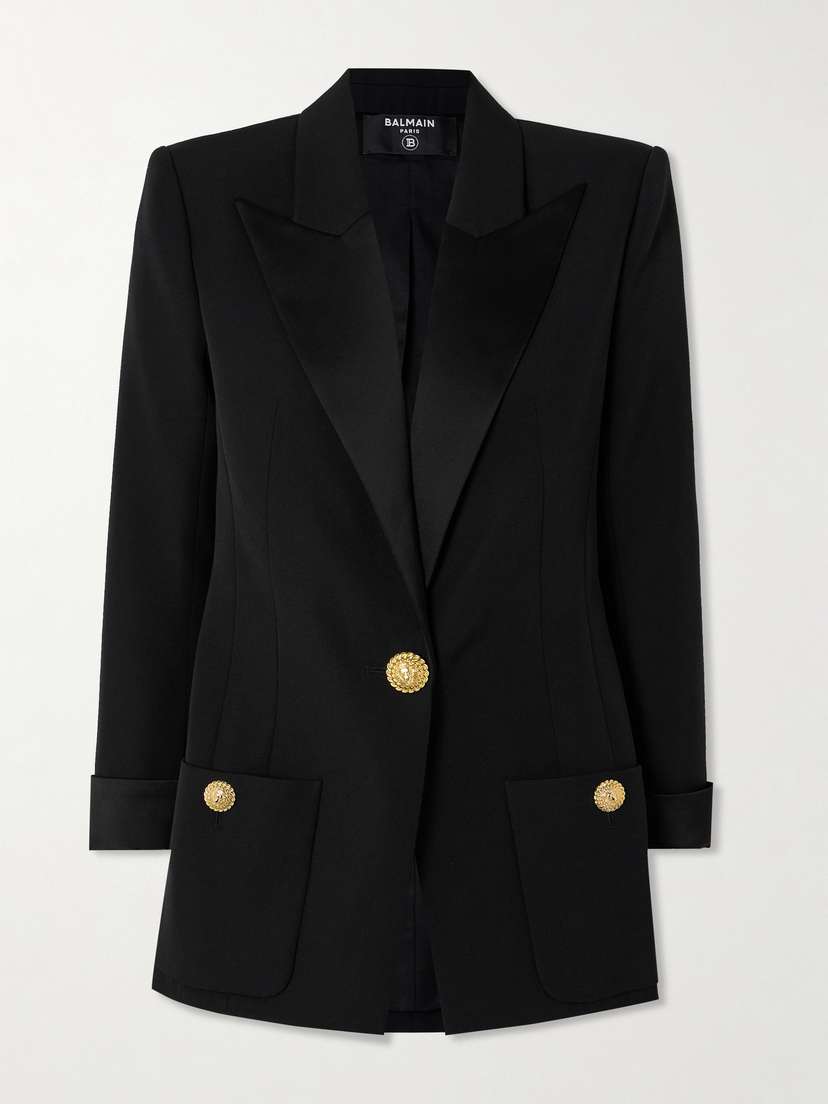 Balmain Embellished Satin-trimmed Grain De Poudre Wool Blazer