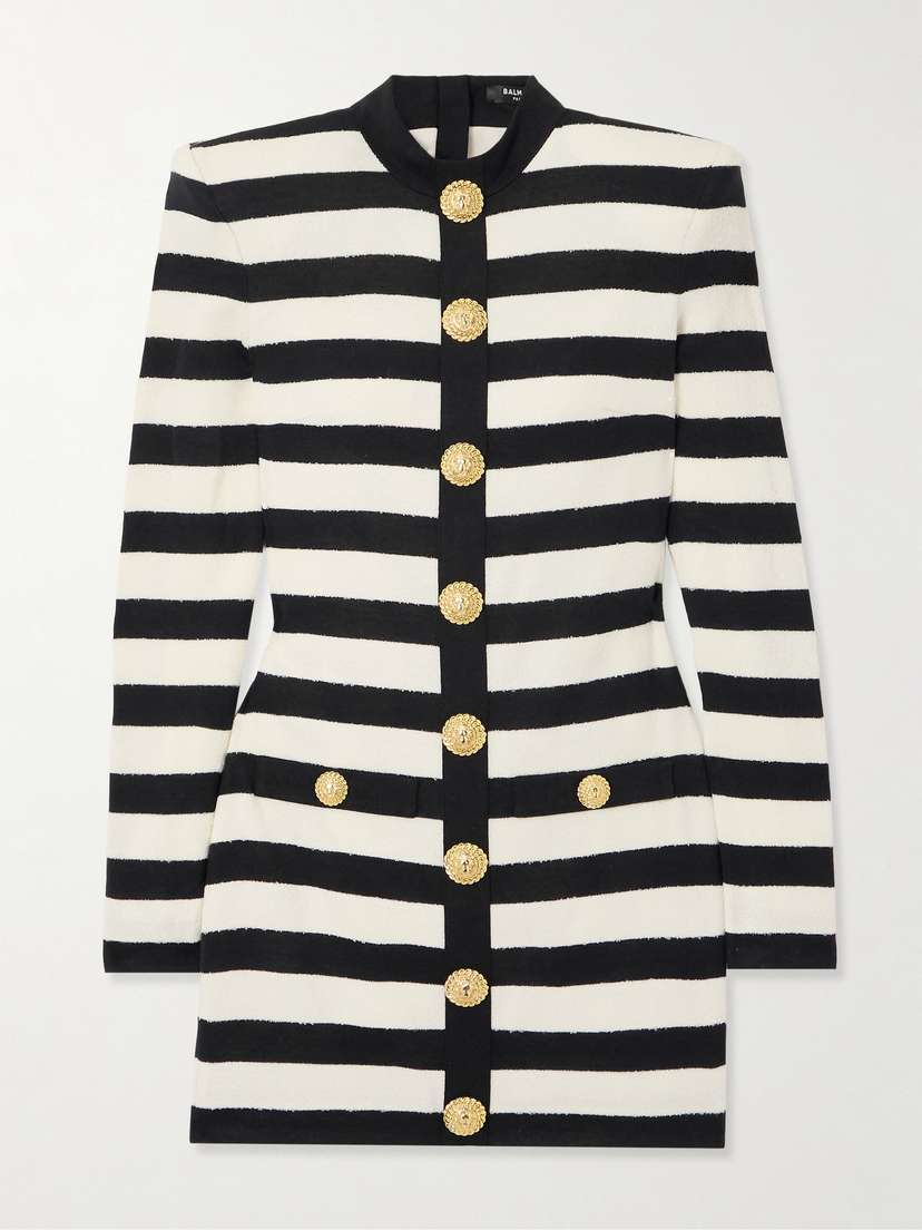 Balmain Button-embellished Striped Jersey And Terry Mini Dress