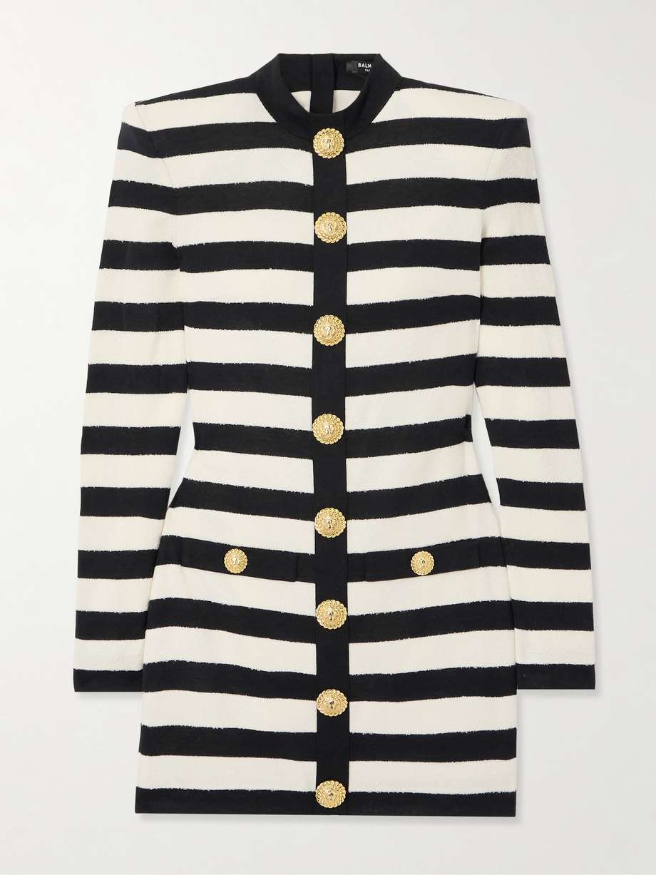 button-embellished striped jersey and terry mini dress