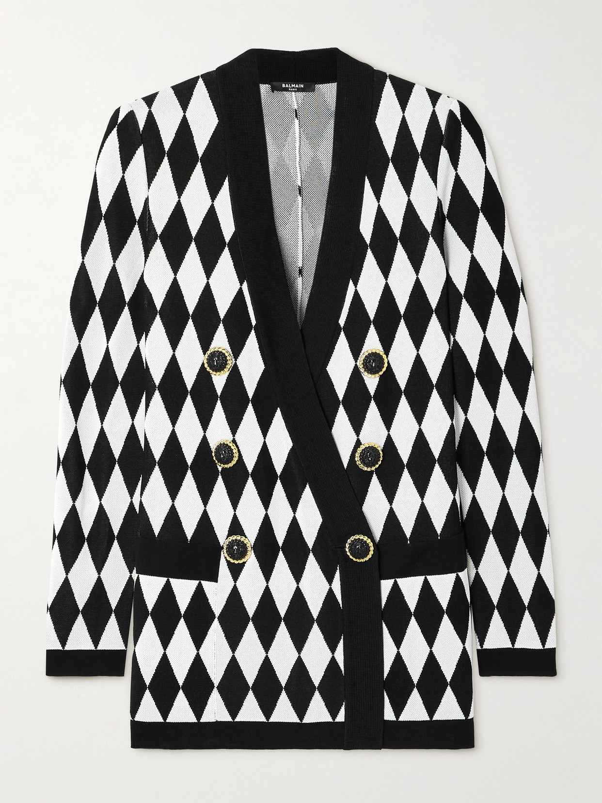 Balmain Double-breasted Argyle Jacquard-knit Blazer In White