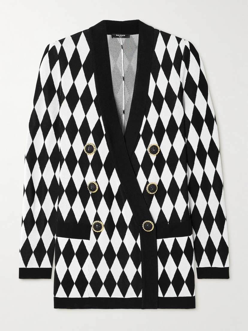 Balmain Double-breasted Argyle Jacquard-knit Blazer