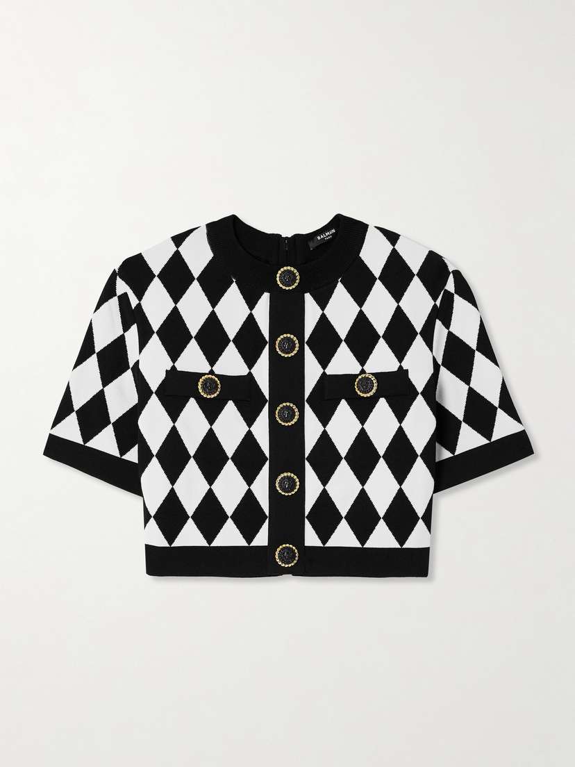 Balmain Cropped Button-embellished Jacquard-knit Top