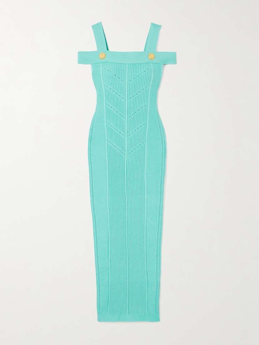 Balmain Cold-shoulder Button-embellished Ribbed-knit Midi Dress