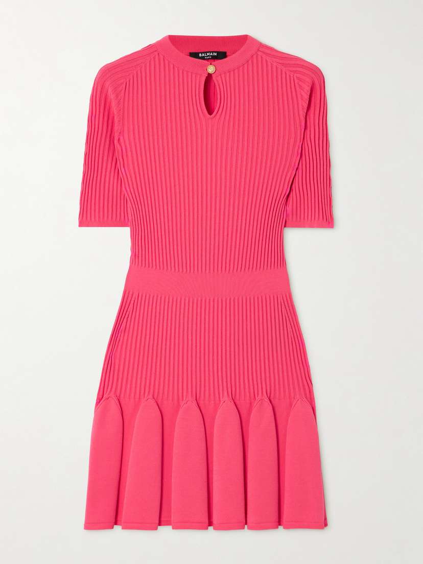 Balmain Pleated Ribbed-knit Mini Dress