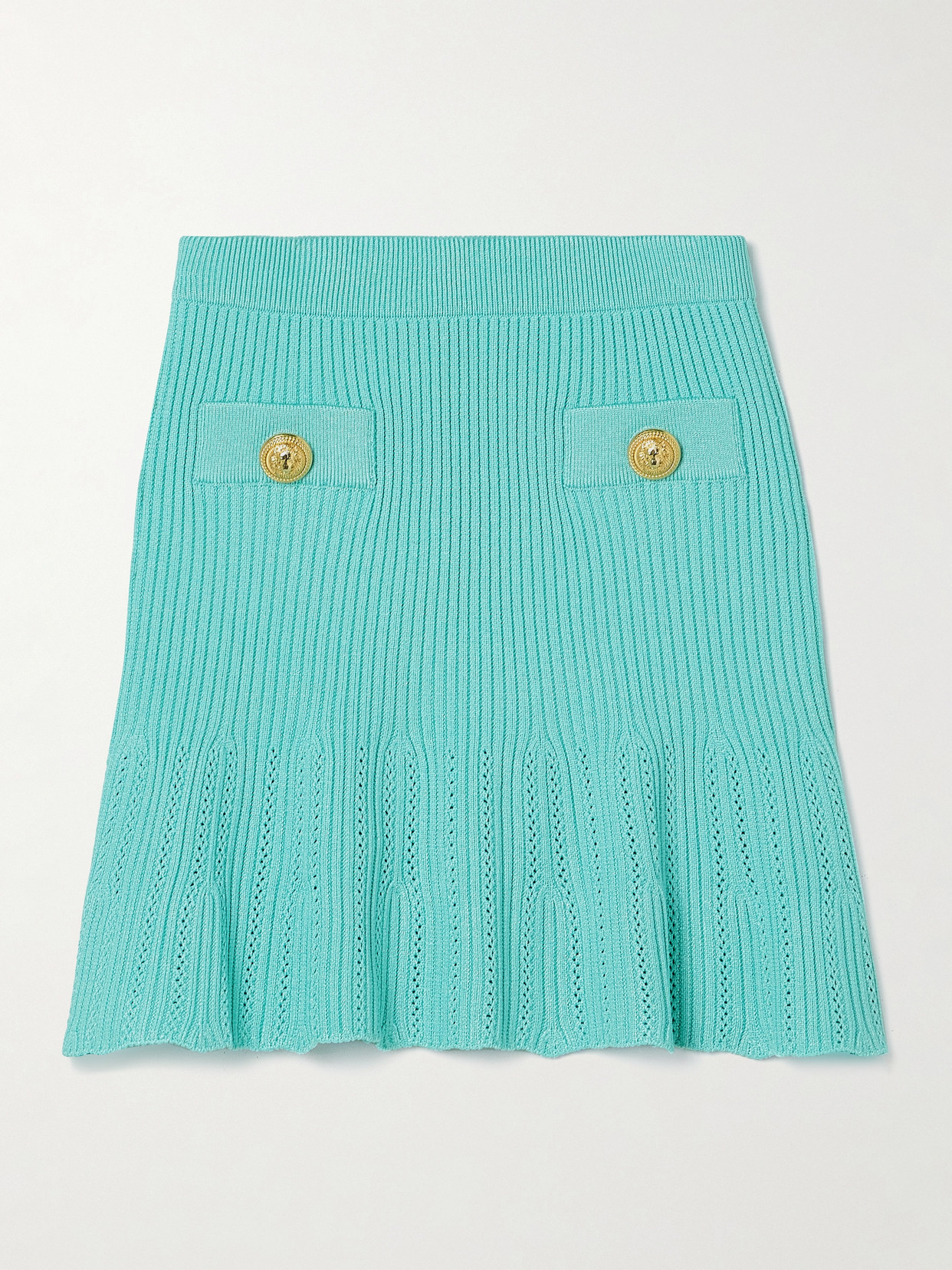 Shop Balmain Button-embellished Ribbed Pointelle-knit Mini Skirt In Blue