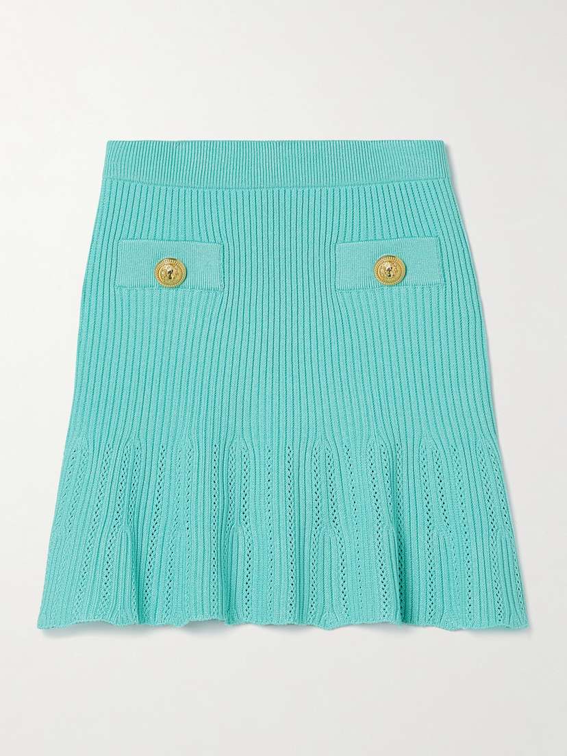 Balmain Button-embellished Ribbed Pointelle-knit Mini Skirt