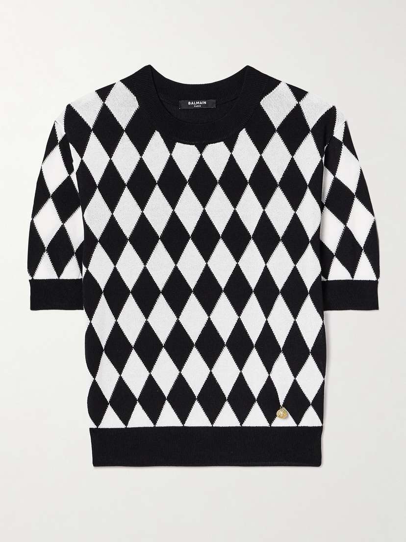 Balmain Embellished Argyle Inarsia-knit Top