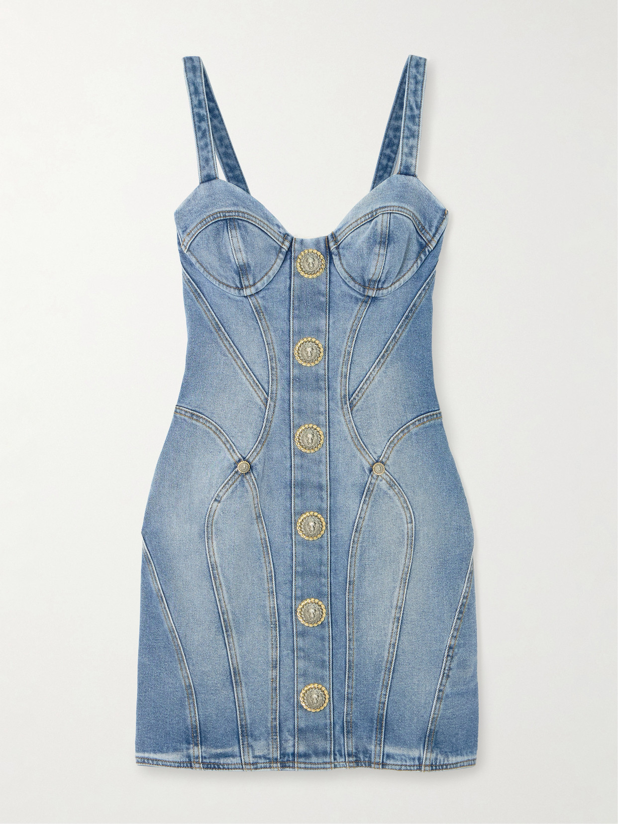 Balmain Mini Denim Dress With Decorative Buttons In Blue
