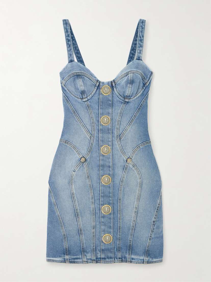 Balmain Button-embellished Denim Mini Dress