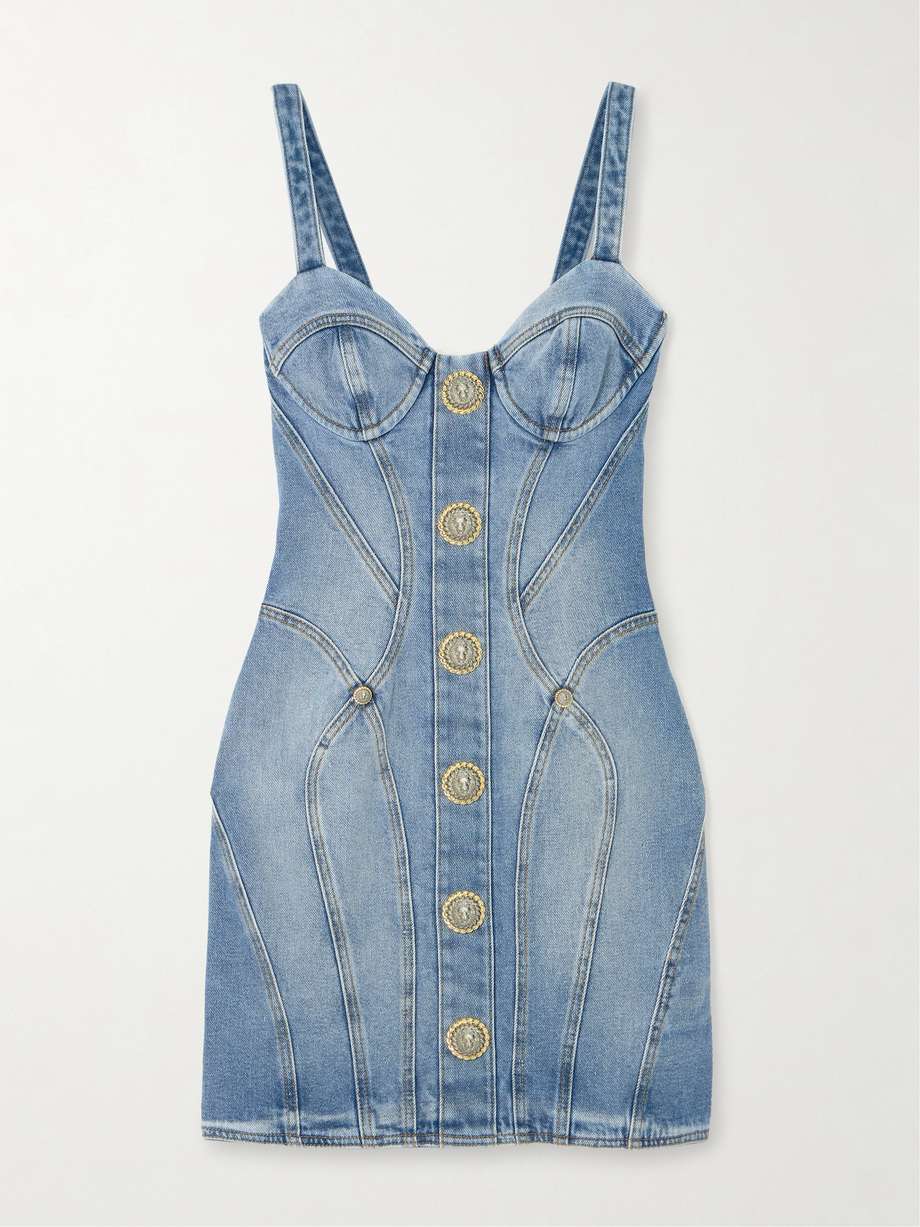 button-embellished denim mini dress