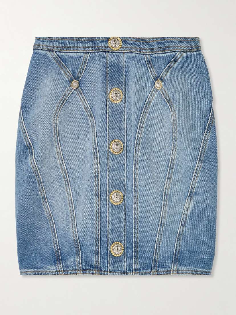 Balmain Embellished Paneled Denim Mini Skirt