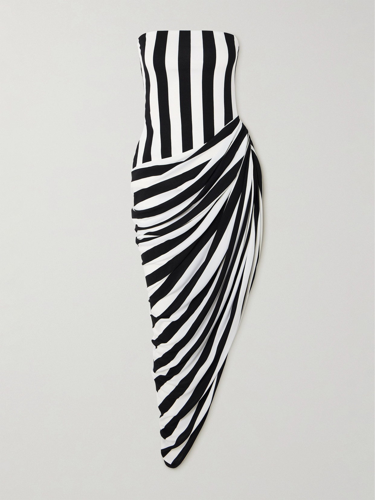 Balmain - Strapless Asymmetric Draped Striped Jersey Gown - White