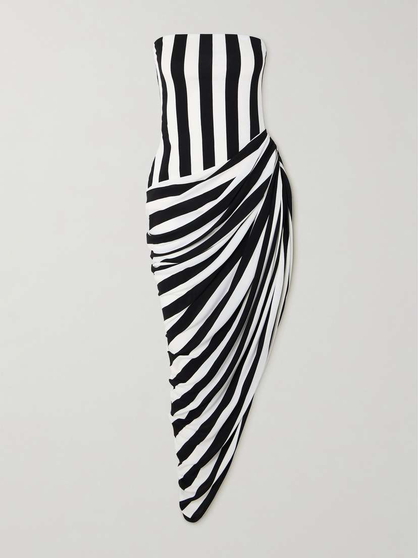 Balmain Strapless Asymmetric Draped Striped Jersey Gown