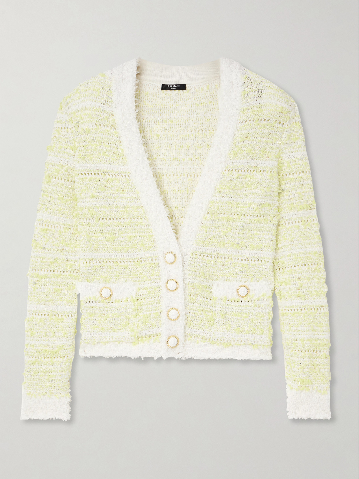 Balmain Metallic Striped Cotton-blend Tweed Cardigan In Yellow