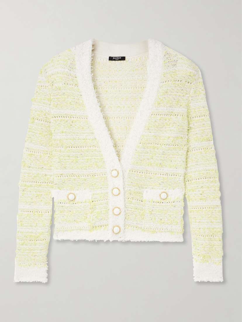 Balmain Metallic Striped Cotton-blend Tweed Cardigan