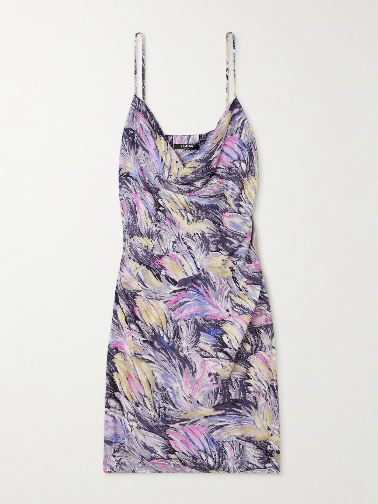 Balmain Short Satin Slip Dress With Feather Print In Gray