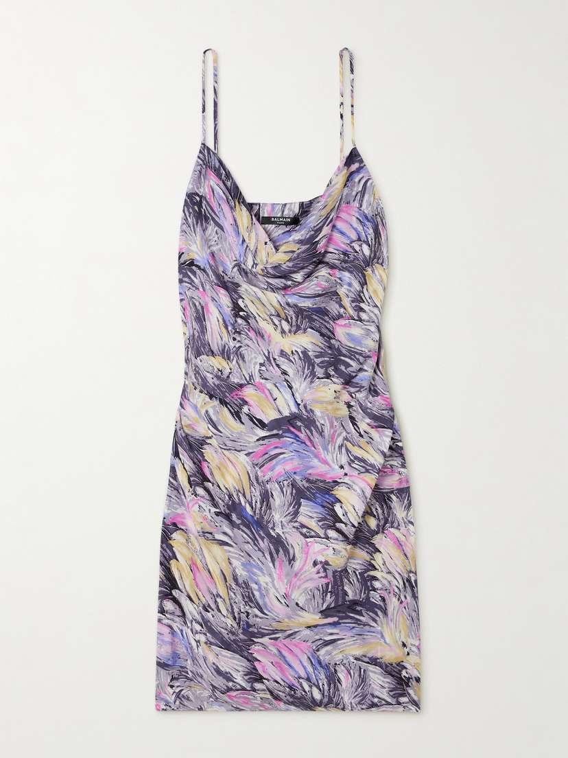 Balmain Draped Printed Satin Mini Dress