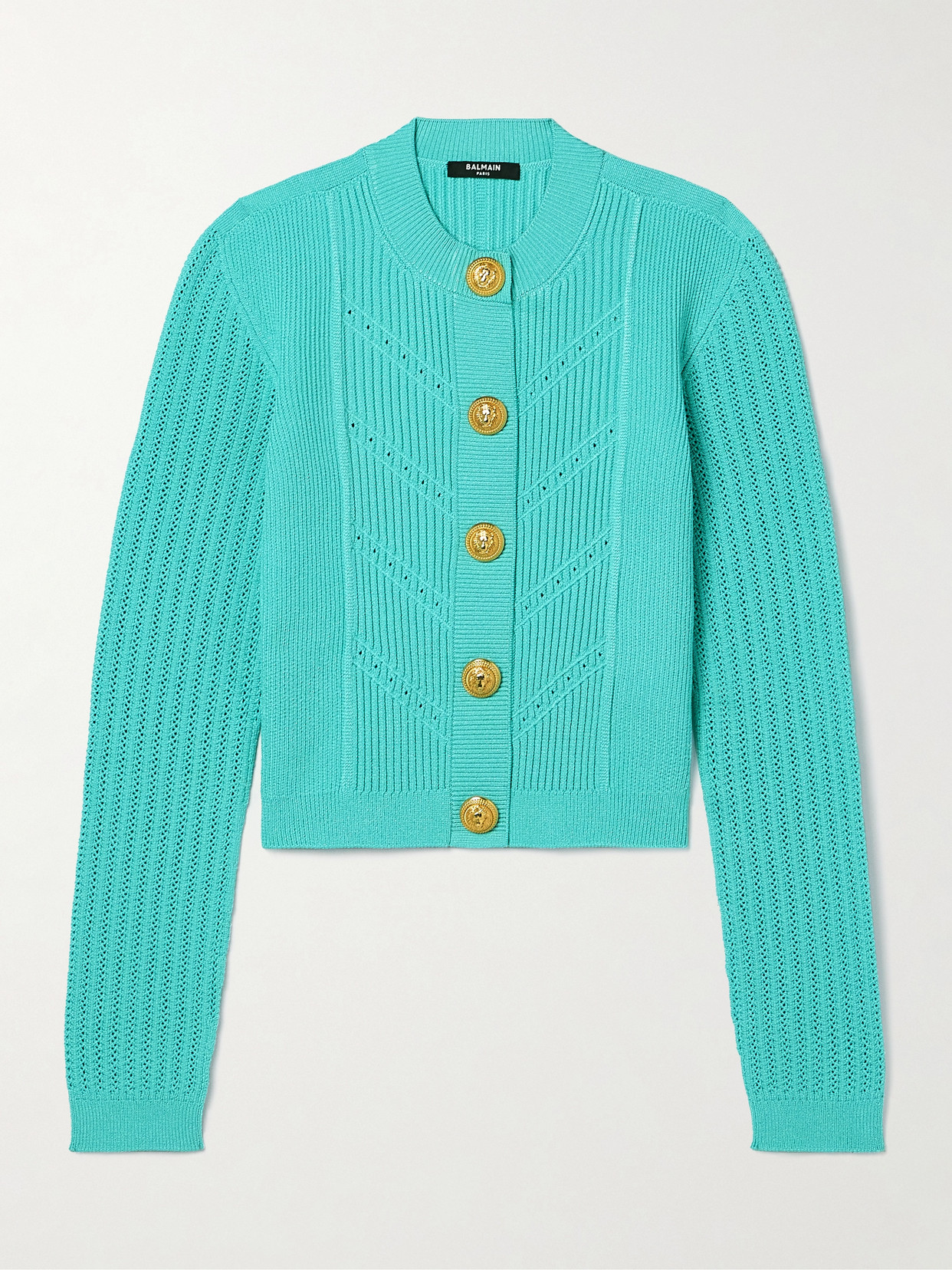 Balmain Button-embellished Ribbed Pointelle-knit Cardigan In Blue