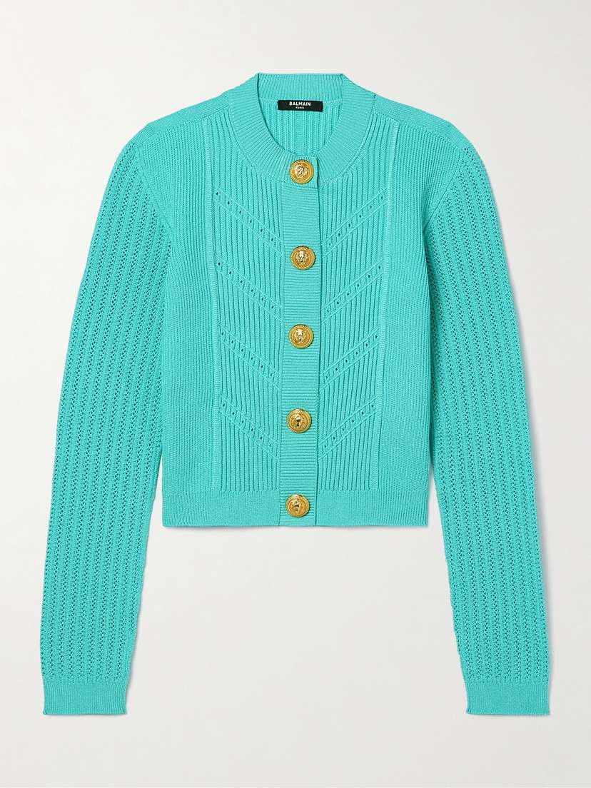 Balmain Button-embellished Ribbed Pointelle-knit Cardigan